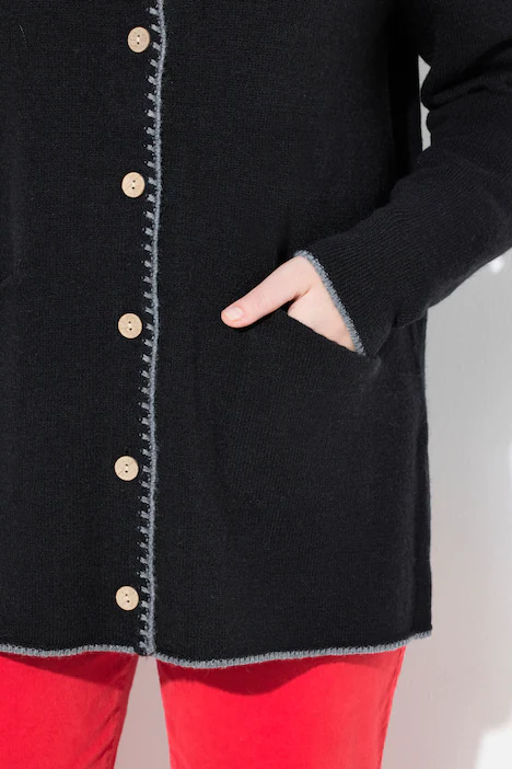 Long-Strickjacke, Hirsch-Stickerei, A-Linie, Stehkragen, schwarz