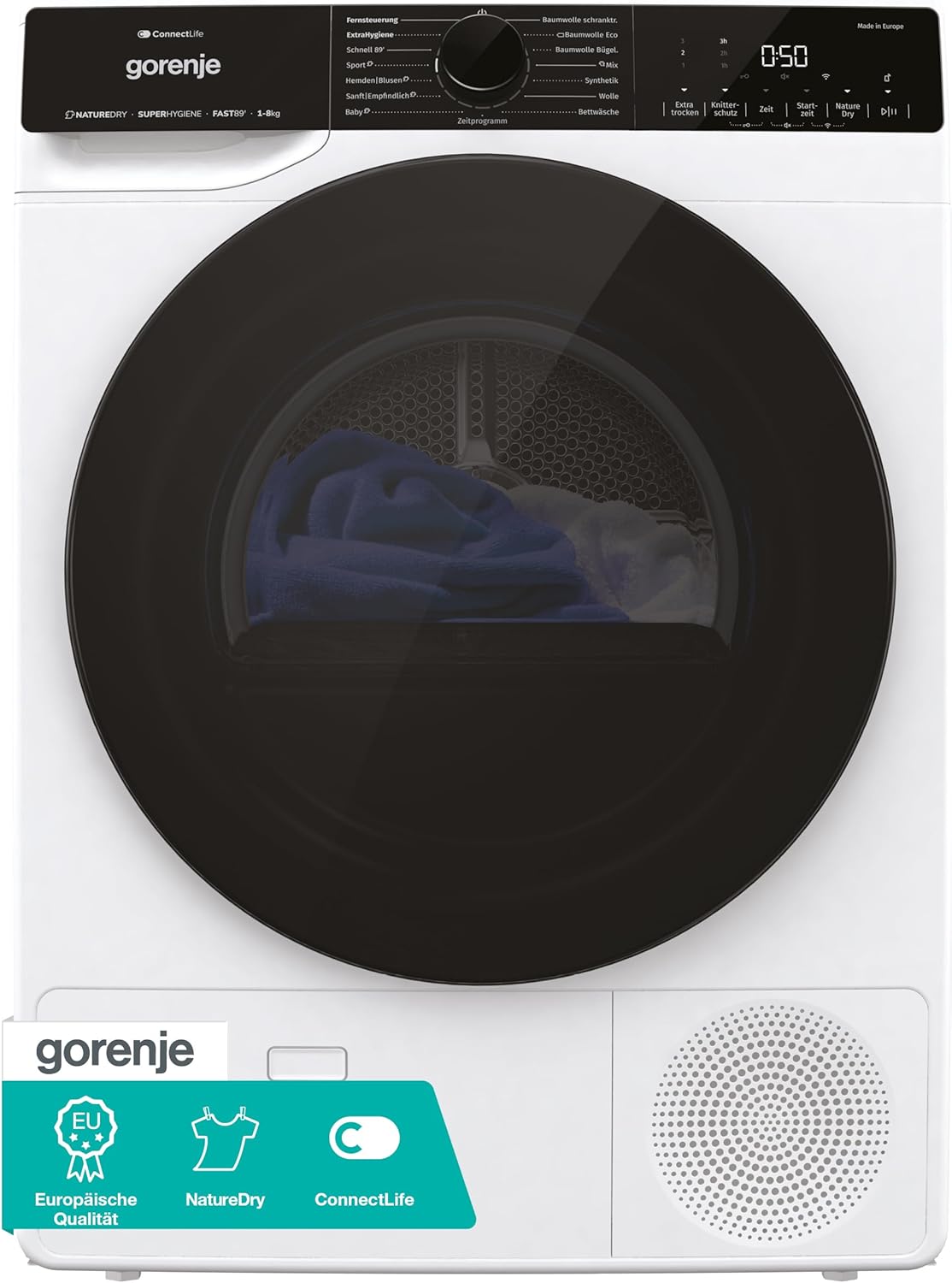 Gorenje DPNA83W Wärmepumpentrockner, 8 kg Kapazität, 15 Programme, ConnectLife WiFi, Auto Drain, Made in EU, Nature Dry, Twin Air, Sportprogramm, Schnellprogramm Energieklasse C