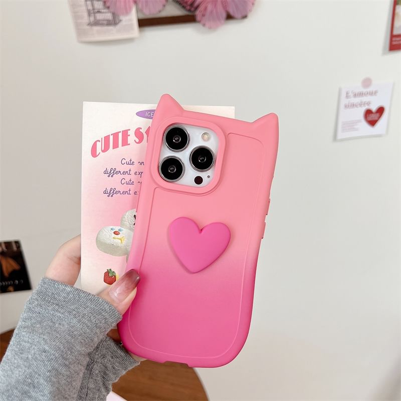 Tondephiry - Cat Ear Heart Applique Gradient Telefoonhoesje voor iPhone 16, 16 Plus, 16 Pro, 16 Pro Max, 15, 15 Pro, 15 Pro Max, 14, 14 Plus, 14 Pro, 14 Pro Max, 13, 13 Pro, 13 Pro Max