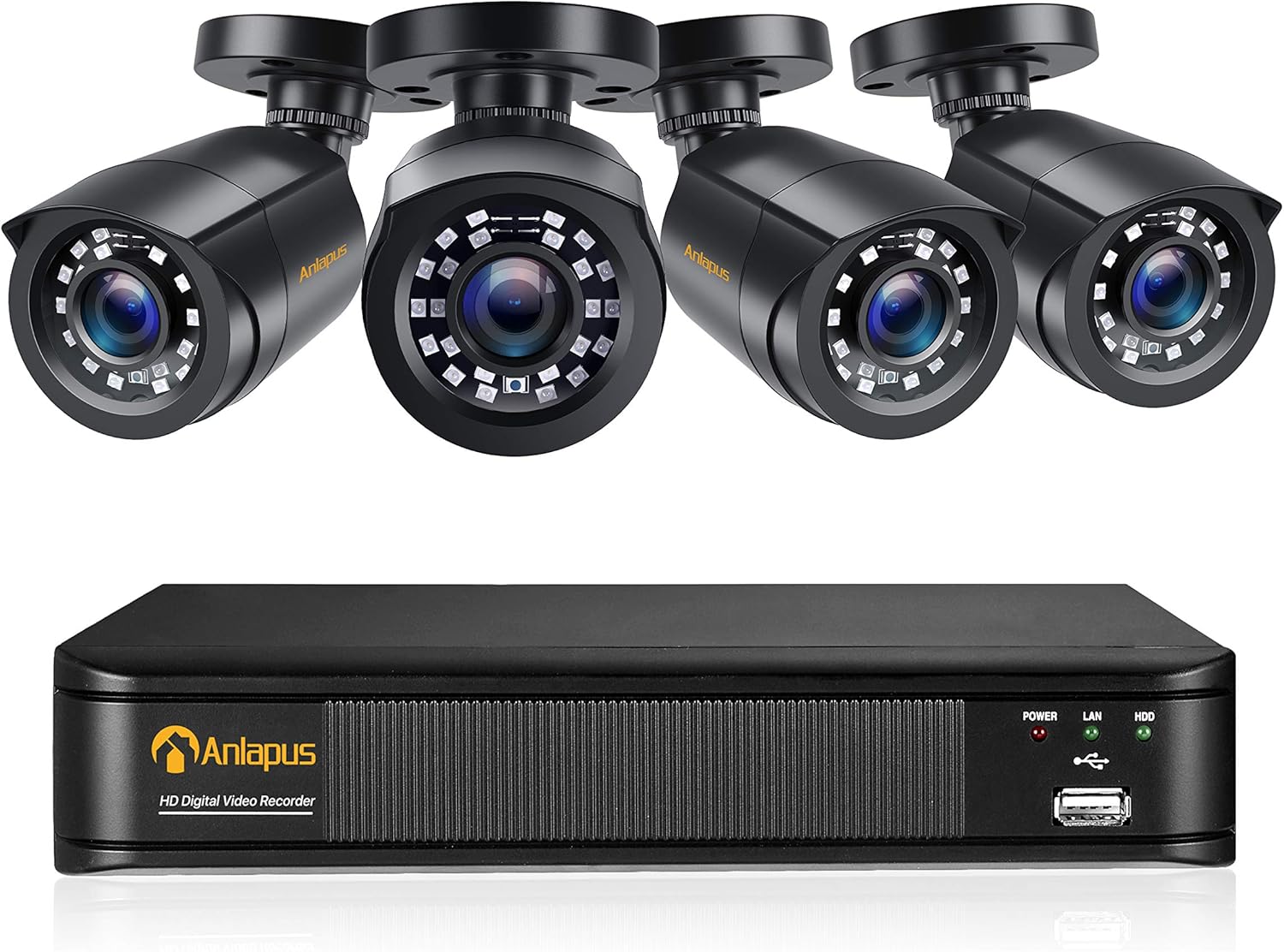 Anlapus 1080P Außen Video Überwachungssystem 8CH H.265+ DVR mit 4x 2MP Kamera ohne Festplatte für Haus Überwachung 20M IR Nachtsicht, App + Email Alarm bei Bewegungen