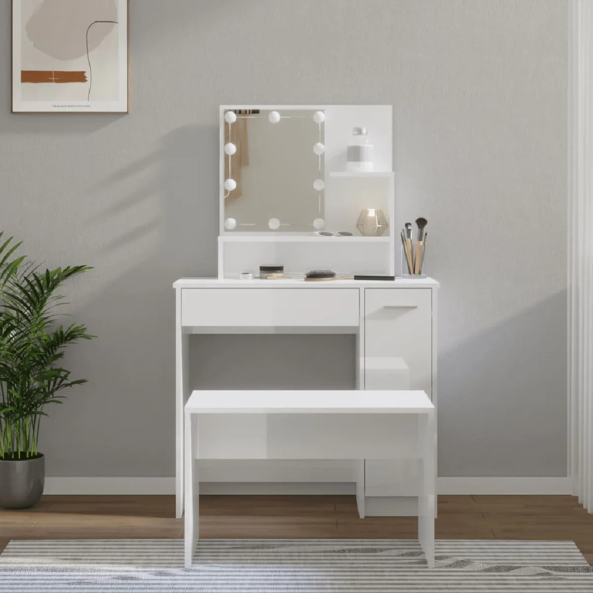 vidaXL Ensemble Coiffeuse avec LED - Blanc Brillant