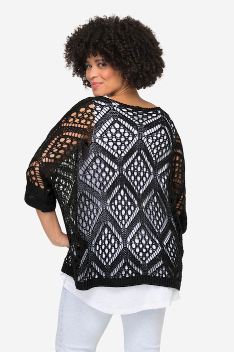 Pullover, oversized, Ajourstrick, V-Ausschnitt, Langarm
