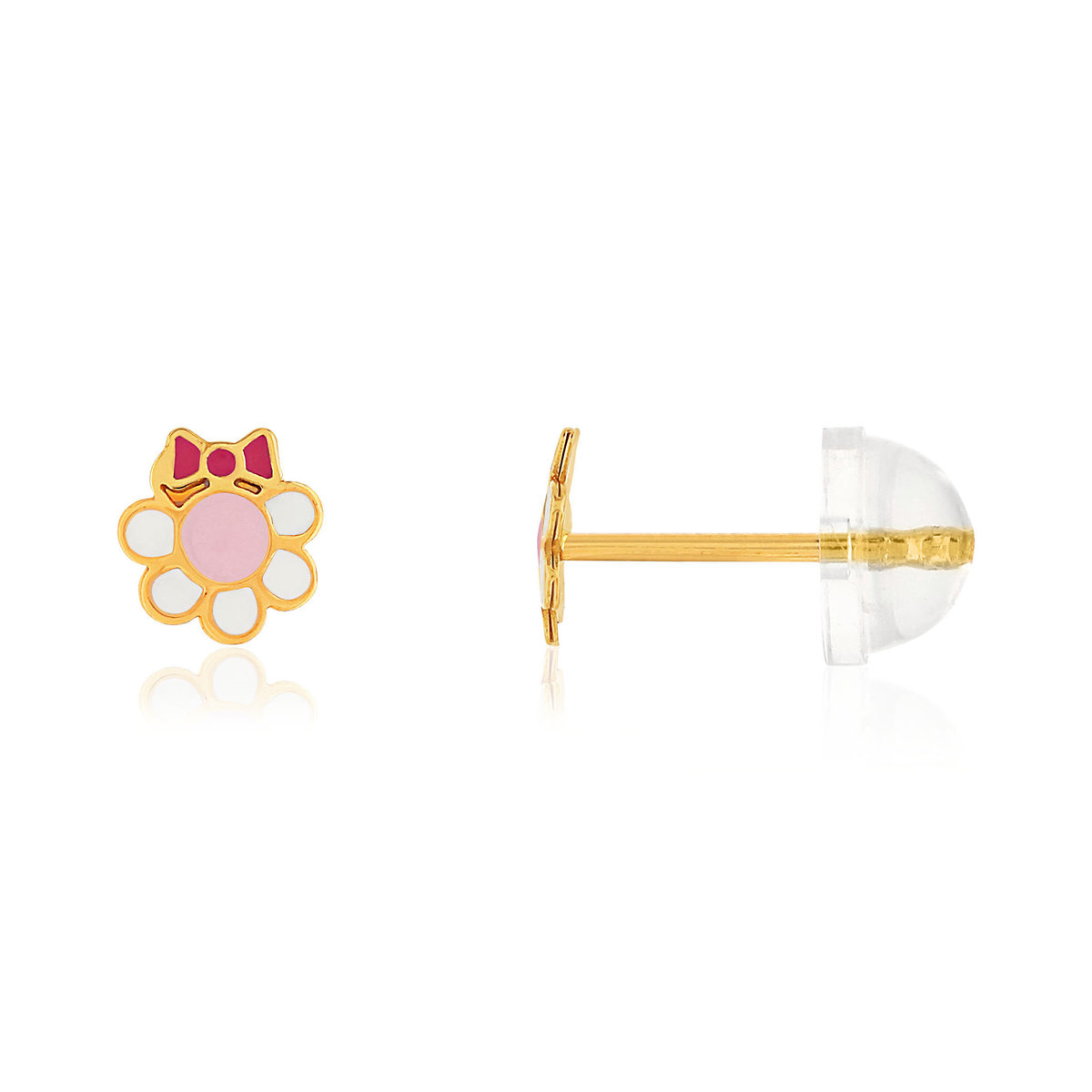 Boucles d'oreilles or jaune 375, laque. Motif fleur et neoud.