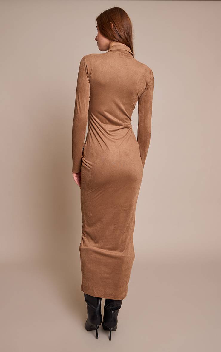 Chocolat Robe Maxi Boutonnée À Manches Longues En Synthétique Froncé