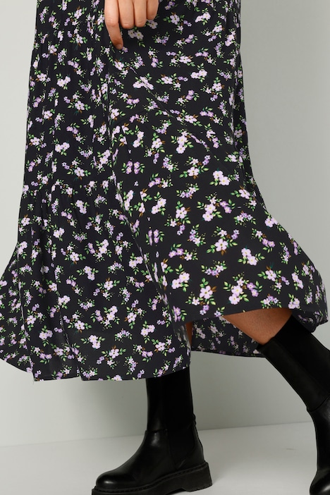 Maxikleid, A-Line, Blütenmuster, Rundhals, Langarm, Volants