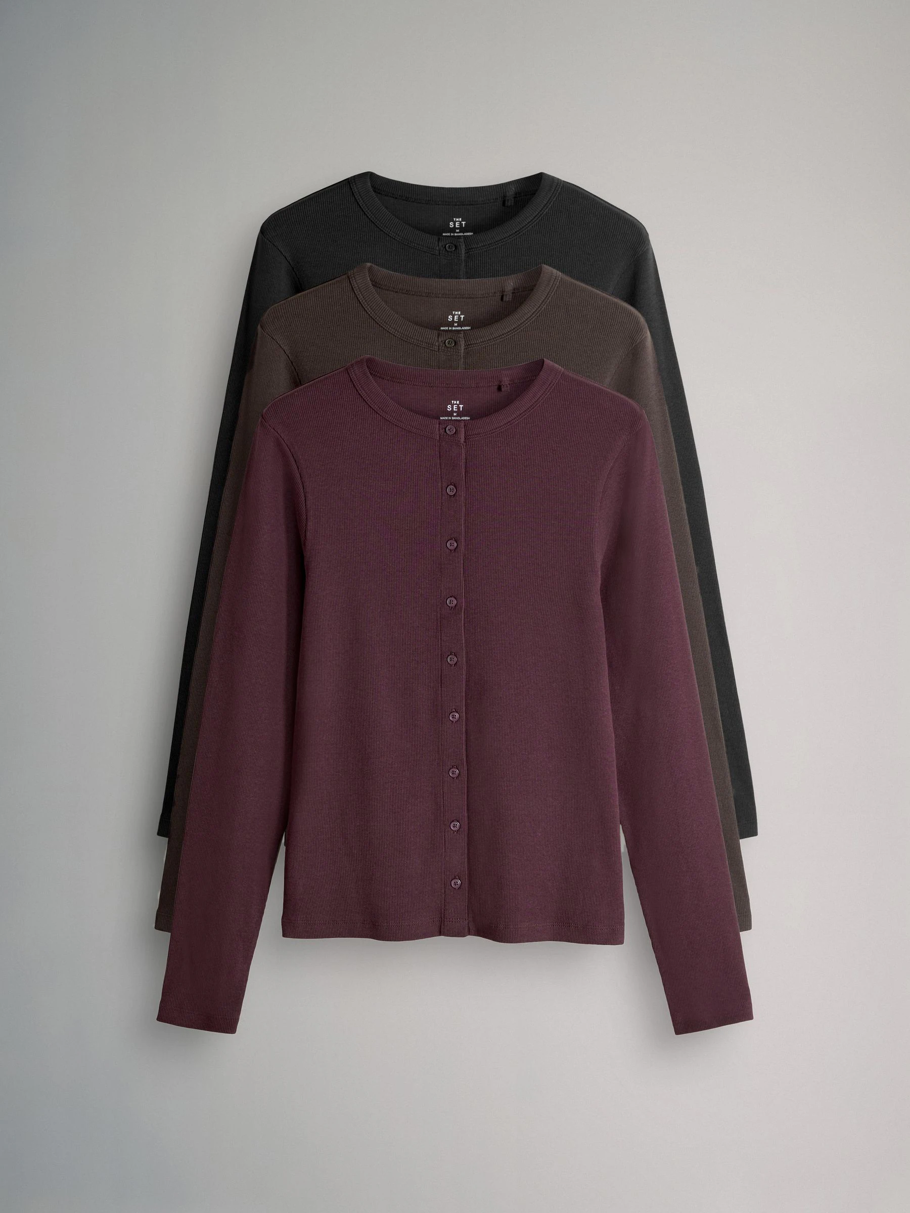 The Set 3 Pack Long Sleeve Button Through Rib T-Shirts