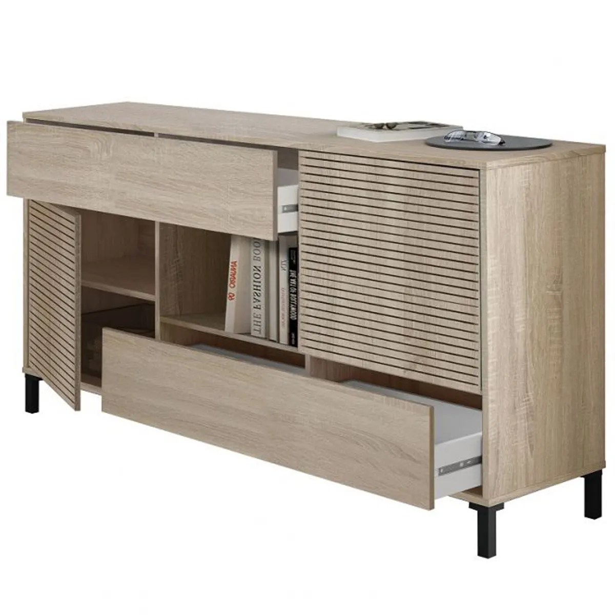 Pegane Buffet 2 portes 2 tiroirs - Chêne canadien - 151 x 41 x 80 cm