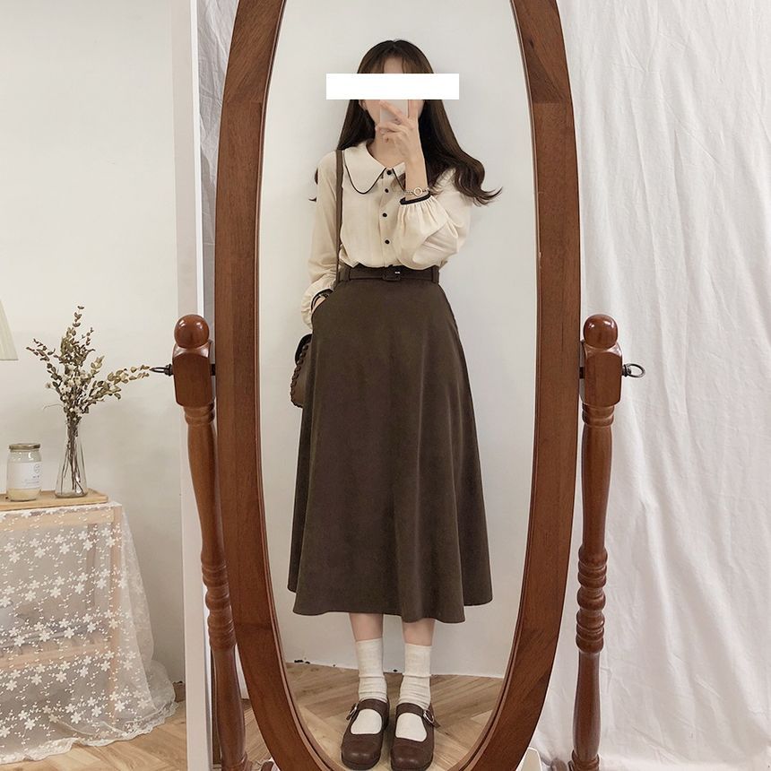 Tangihouse - V-hals gebreid vest / babydoll blouse met lange mouwen / effen midi-rok (diverse ontwerpen)