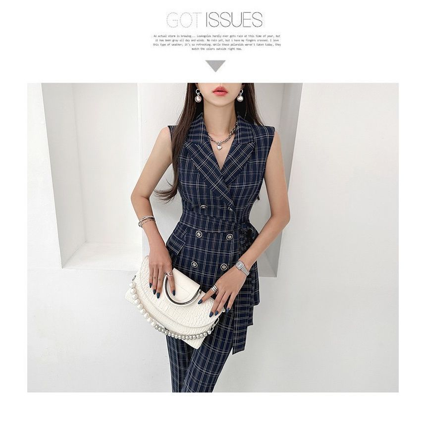 Aurora - Set: Dubbelrijs geruit vest + High Rise Dress Pants