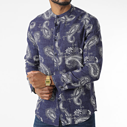 Chemise Manches Longues Col Mao Bandana UY841 Bleu Marine