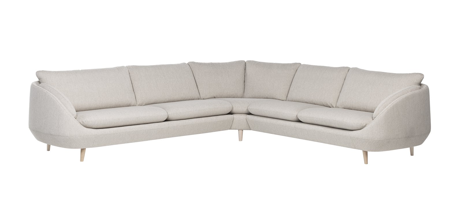 Ross hjørnesofa 3,5/3 hjørnesofa. Tekstil Mosso Kitt med hvitpigmenterte ben 516