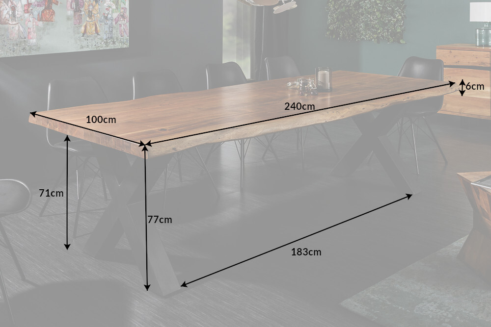 Massivholz Esstisch MAMMUT NATURE 240cm Akazie Baumkante X-Gestell anthrazit 6cm Tischplatte