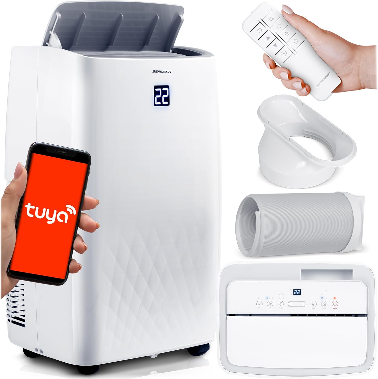 Berdsen Mobiles Klimagerät 5-in-1 14000 BTU - Kühlung, Heizung, Entfeuchtung, Ventilation, Schlafmodus - Tuya Smart App - Energieeffizient