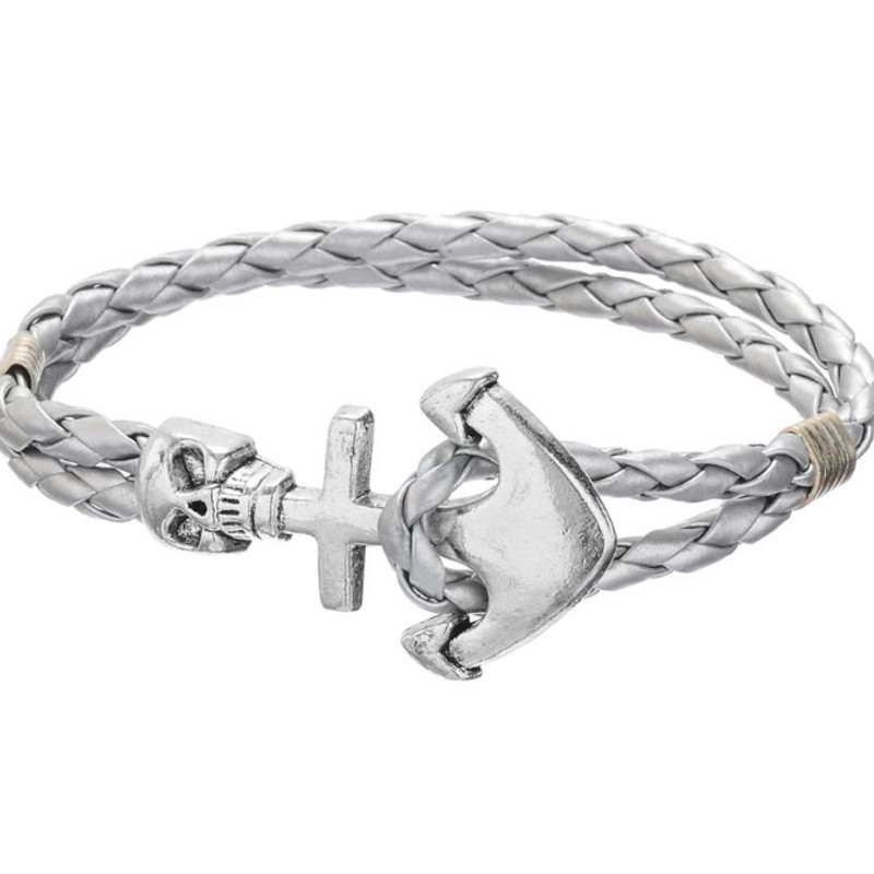 Bracelet Homme Crâne et Ancre en Cuir Tressé Argent et Acier Inoxydable
