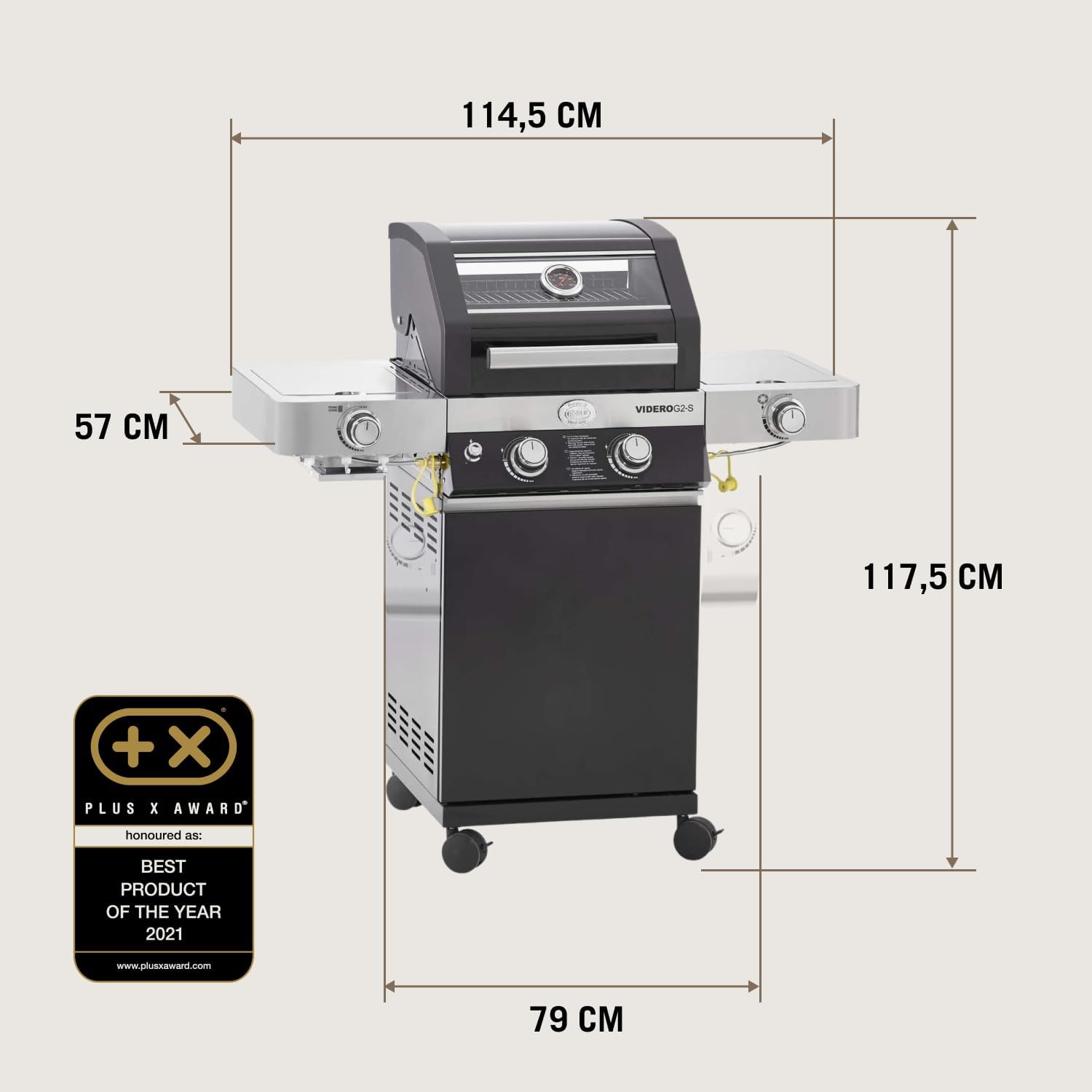RÖSLE Gasgrill BBQ-Station VIDERO G2-S Schwarz, Grill mit 2 Edelstahlbrennern, extra Primezone und Seitenbrenner, klappbare Seitentische, VARIO+, pulverbeschichteter Stahl