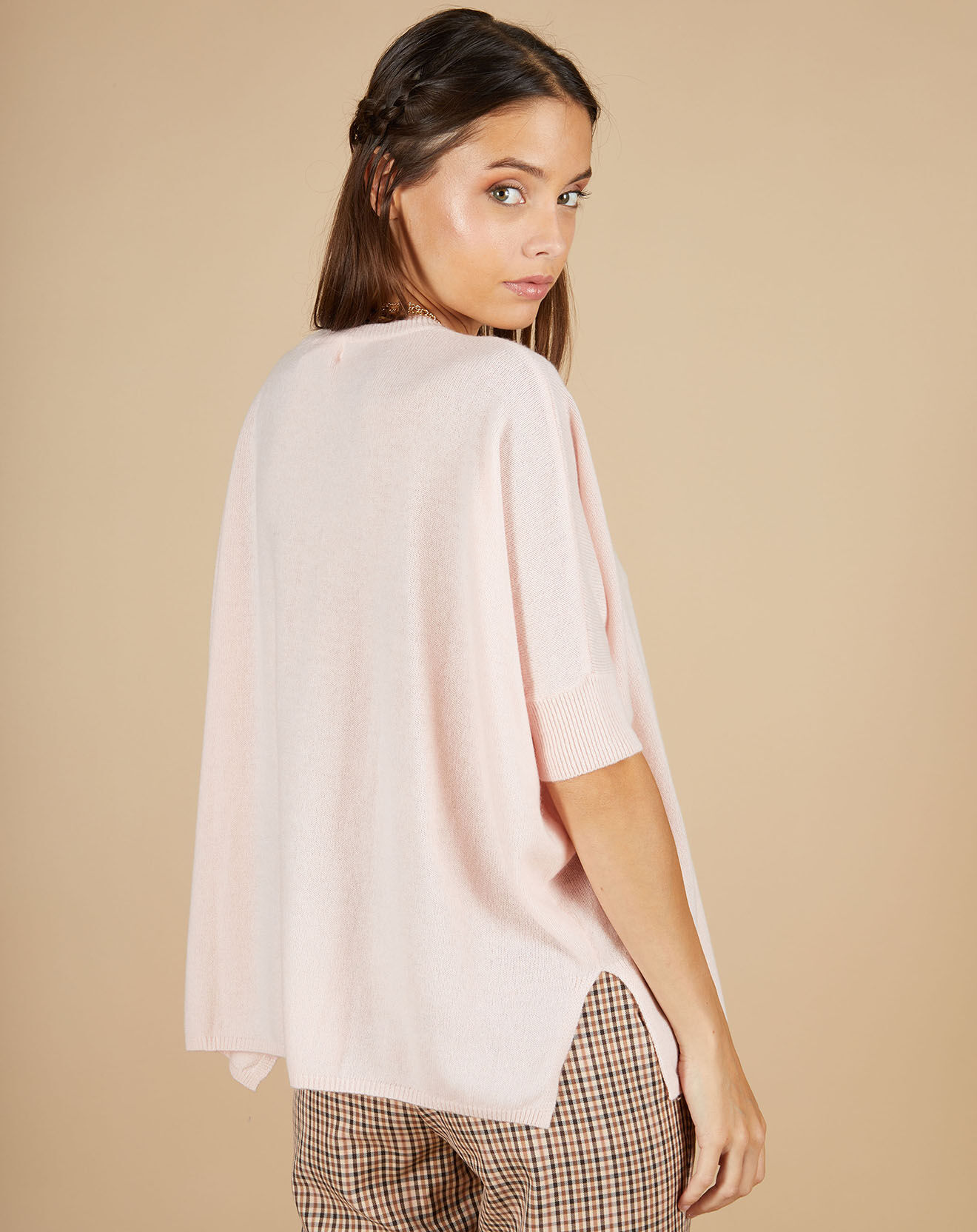 Cashmere Tribu Pull poncho 100% Cachemire Kelly col V manches courtes rose pâle