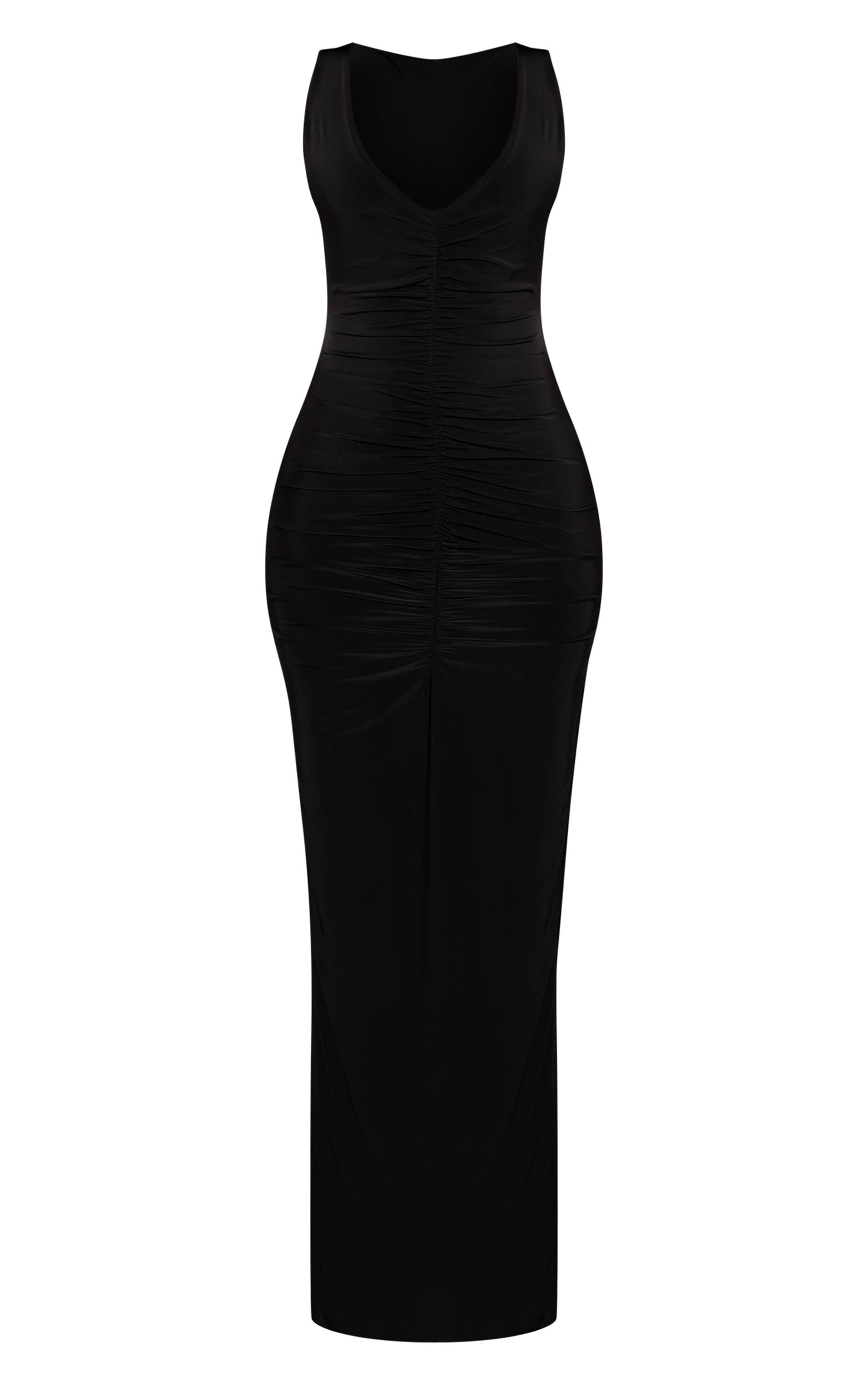 Noir Robe Maxi Moulante Froncée Col V Pour Petite Taille