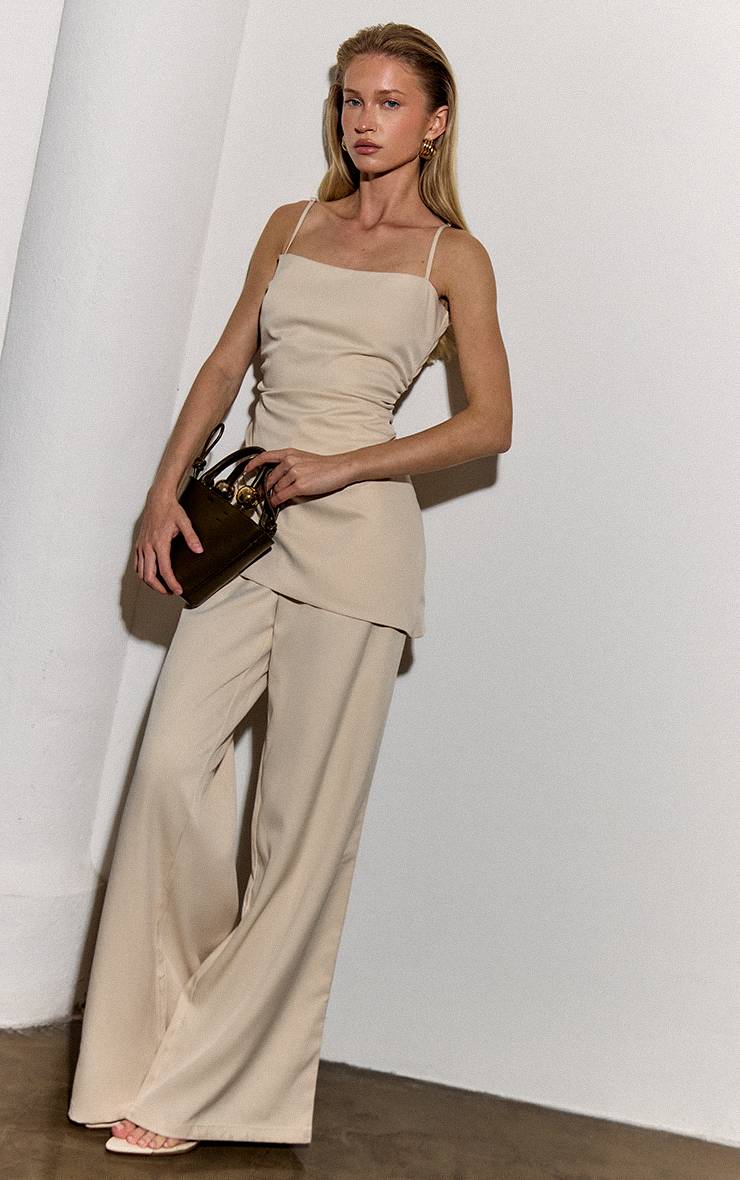 Huître Combinaison Pantalon Droit À Corsage Froncé En Tissu Tissé Avec Superposition