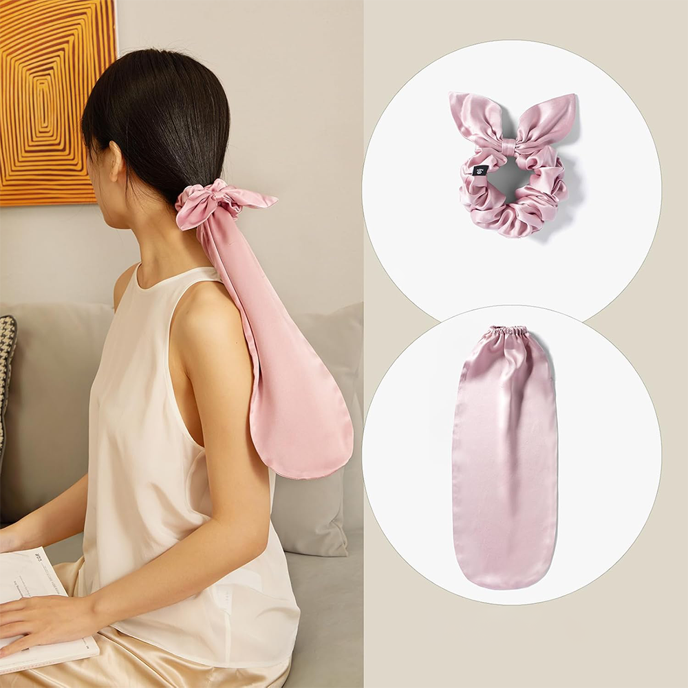 (2-tlg. Set) Satin Nacht Mütze Haar Schlafhaube für langen Pferdeschwanz inkl. Scrunchie - Schwarz