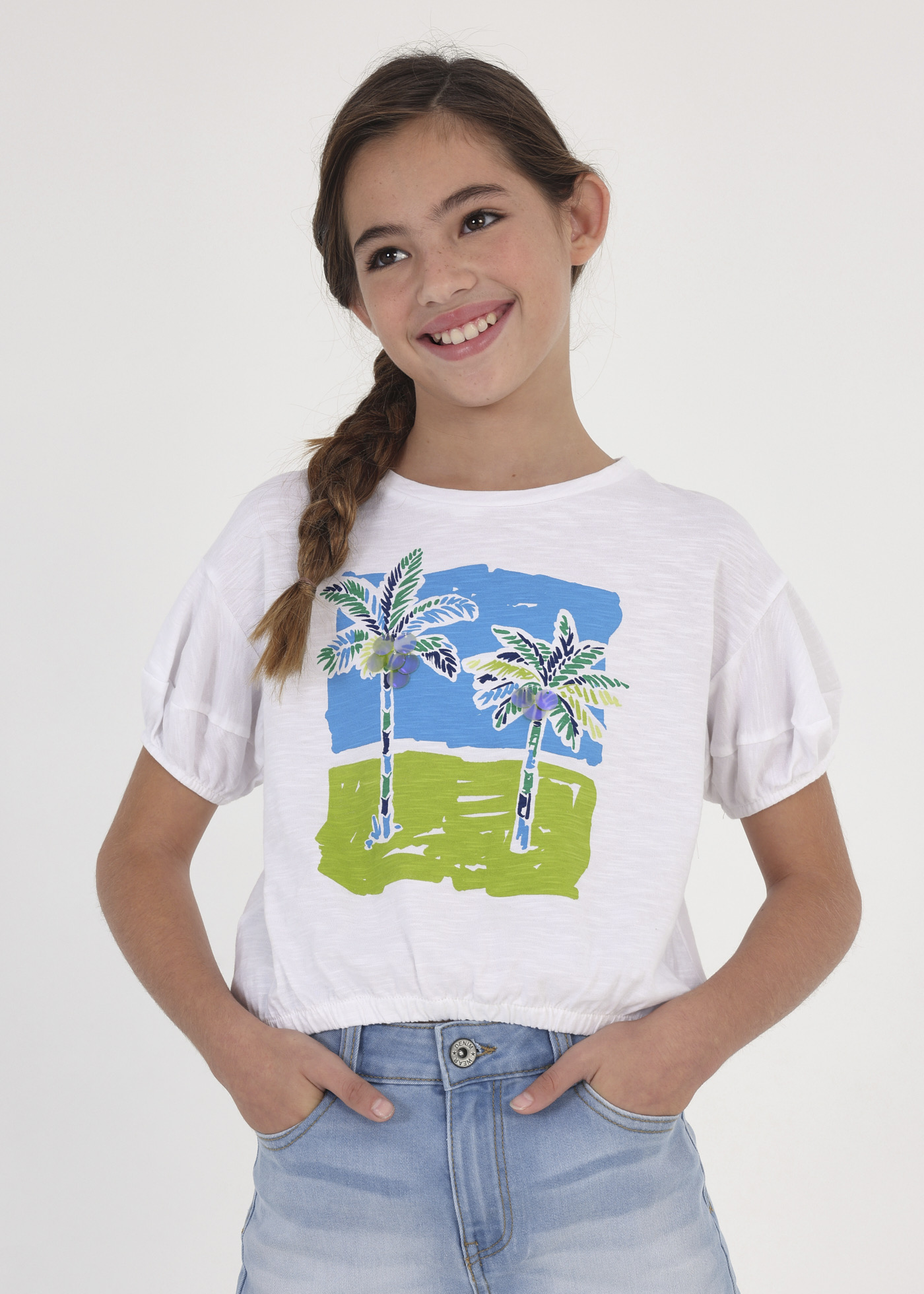 Camiseta feminina de algodão sustentável com mangas bufantes