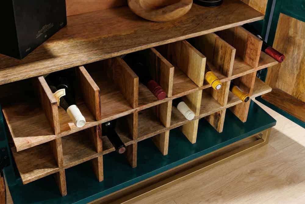 Handgearbeiteter Barschrank GOLDEN SUNSET 140cm türkis Mangoholz massiv