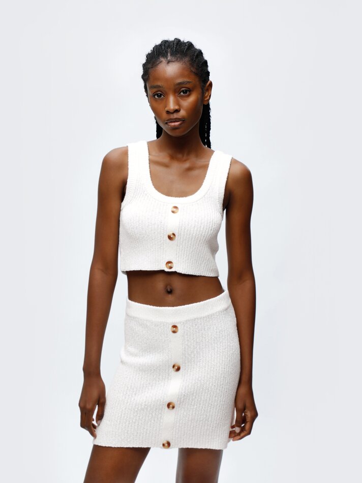 Saia curta de malha vazada - Branco-creme