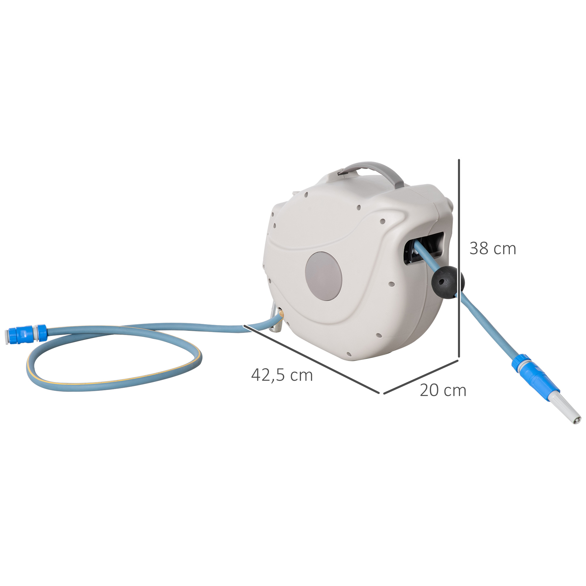 Carretel de Mangueira de Jardim Outsunny 15,1 m + 1,5 m para Irrigação com 10 Modos de Jato, Enrolador Automático de Parede, Rotação de 180°, 42,5 x 20 x 38 cm, Cinza