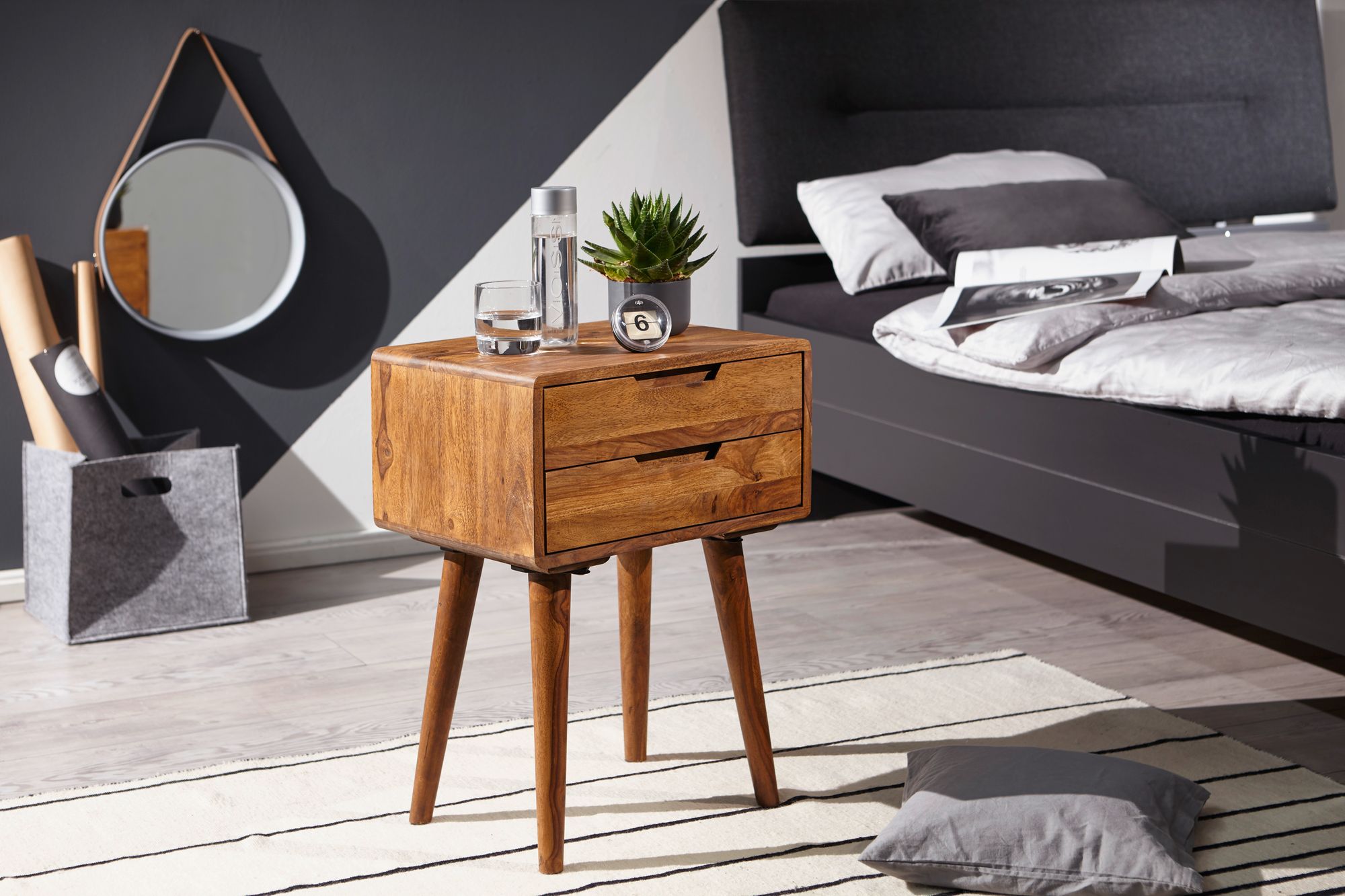 KADIMA DESIGN Massivholz Nachtkästchen im Landhaus-Stil, Sheesham, 47x66x36 cm, 2 Schubladen