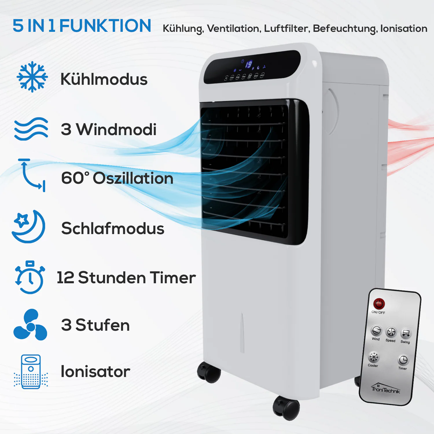 TroniTechnik® Mobiles Klimagerät 5in1 Klimaanlage Luftkühler LK06 5 in 1 Ventilator, inkl. Fernbedienung, Filter, Wasserkühlung