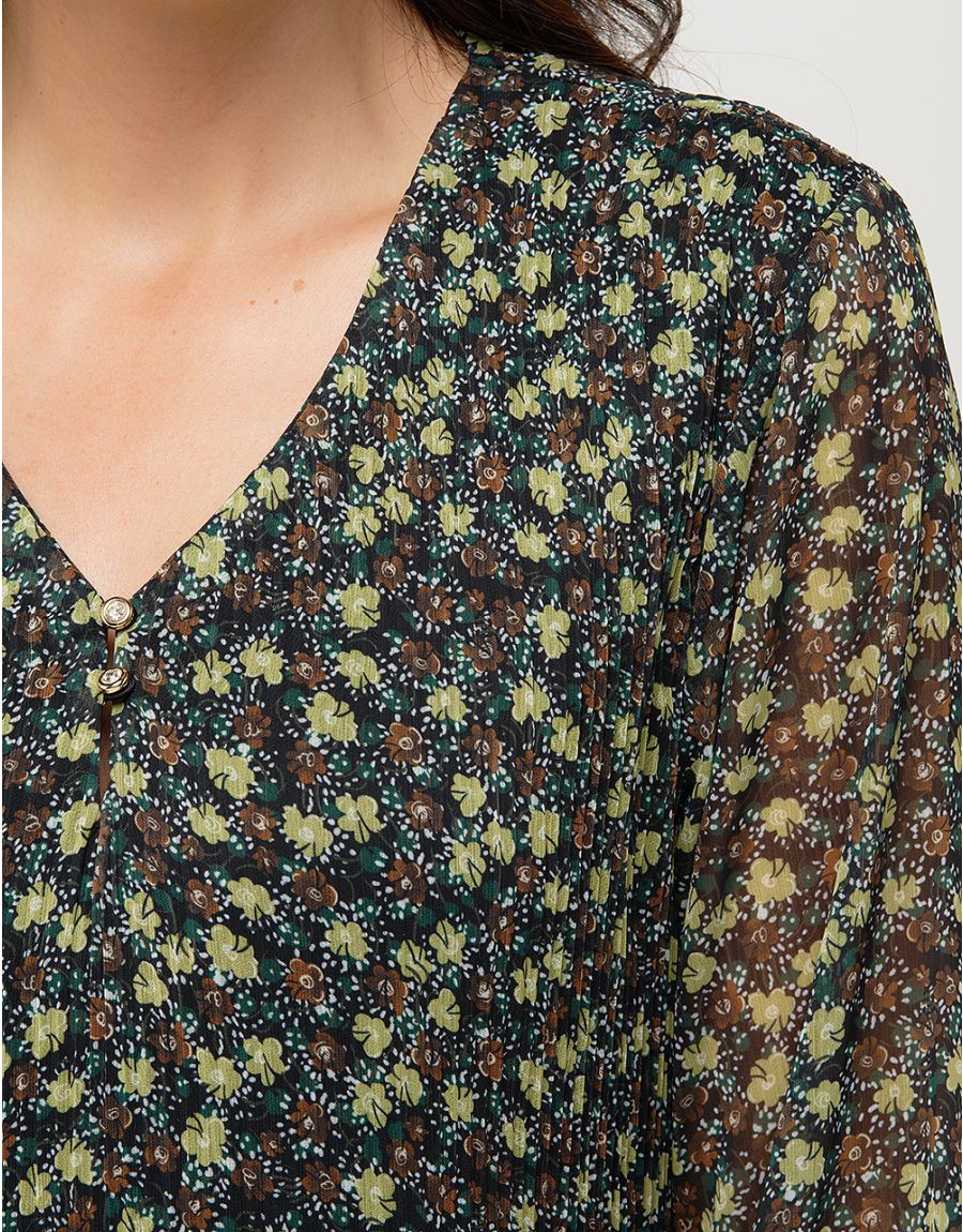 Robe plissée kaki fleurs