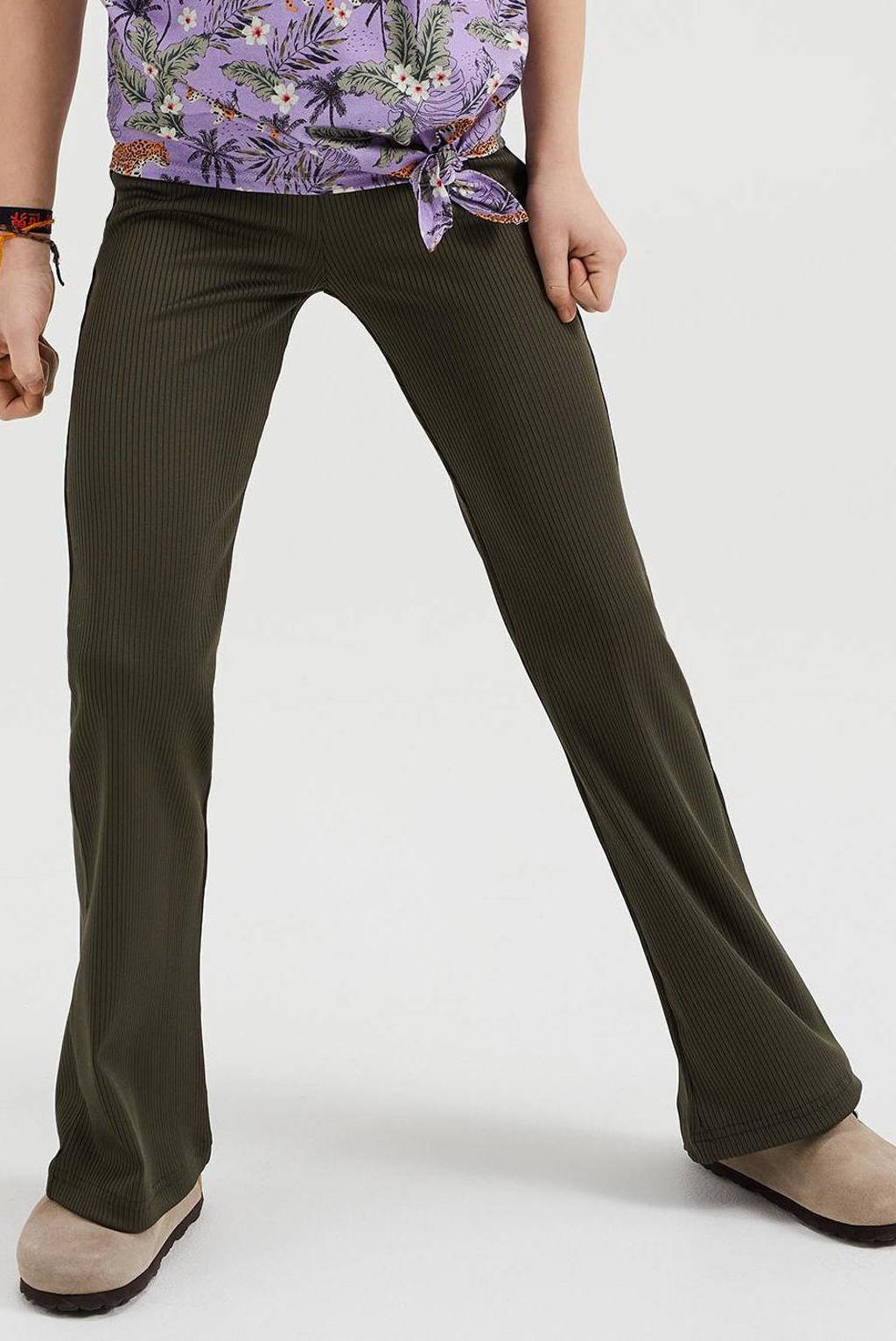 WE Fashion flared broek van polyester donkergroen