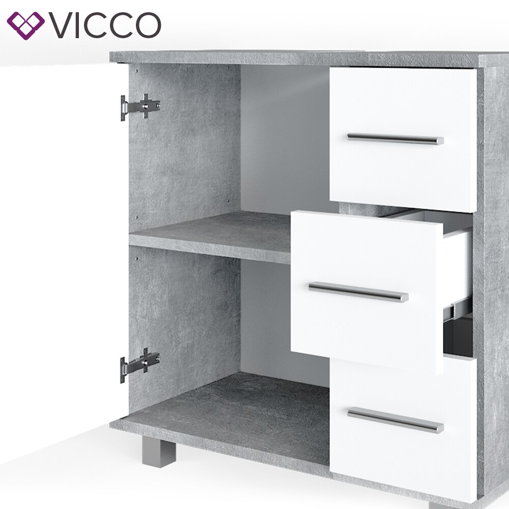 VICCO Waschbeckenunterschrank ILIAS Weiß Beton Waschtisch Unterschrank Badezimmer