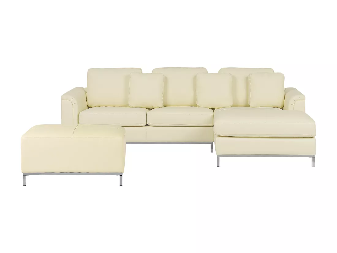 Canapé Angle à droite en Cuir Véritable Beige et Pouf Ottoman Housses Amovibles Oslo
