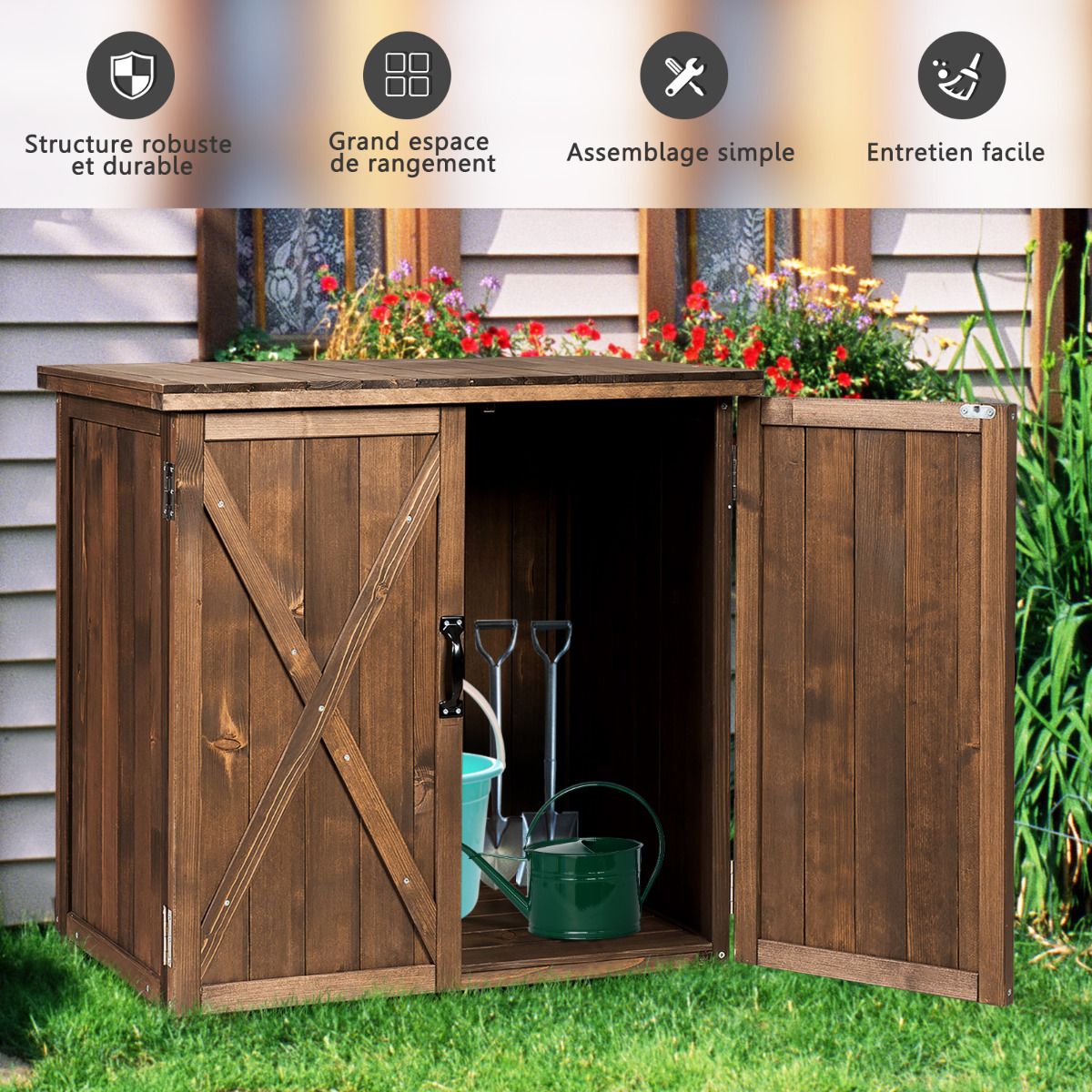 Armoire de Jardin Exterieur en Bois 77,5 x 56 x 72 cm Abri à Outils avec Double Portes Marron - Lidl-Manfred