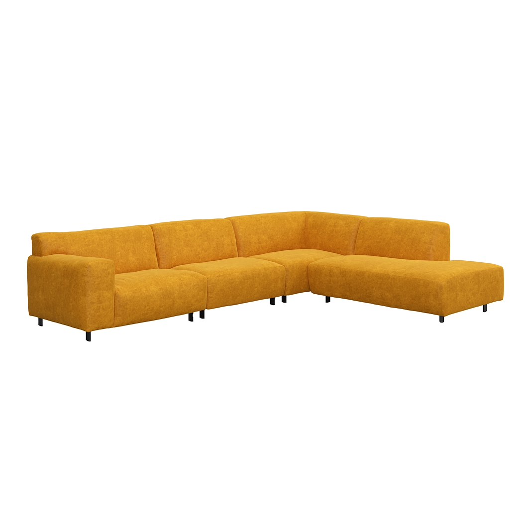 Vesta hjørnesofa 3-seter med åpen ende høyre, Big hjørnemodul, Tekstil Eros Mustard, standardsøm, sort metallben 10 cm, Comfort CM