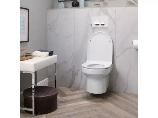Pack WC suspendu sans bride JACOB DELAFON Elite + bâti-support + plaque Blanc brillant/Blanc mat + accessoires