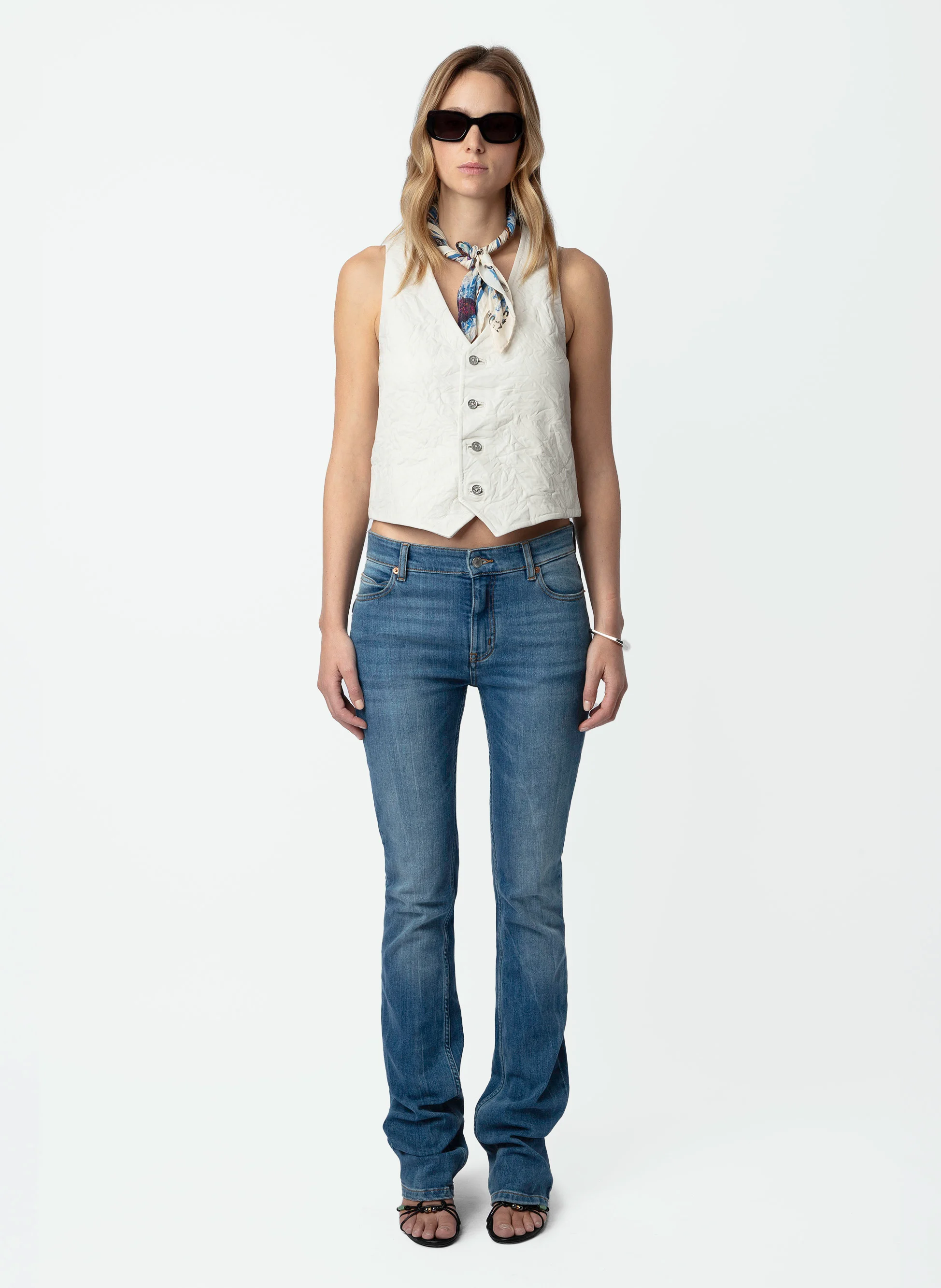 EMILIE - Gilet veston sans manches en cuir froissé | Blanc