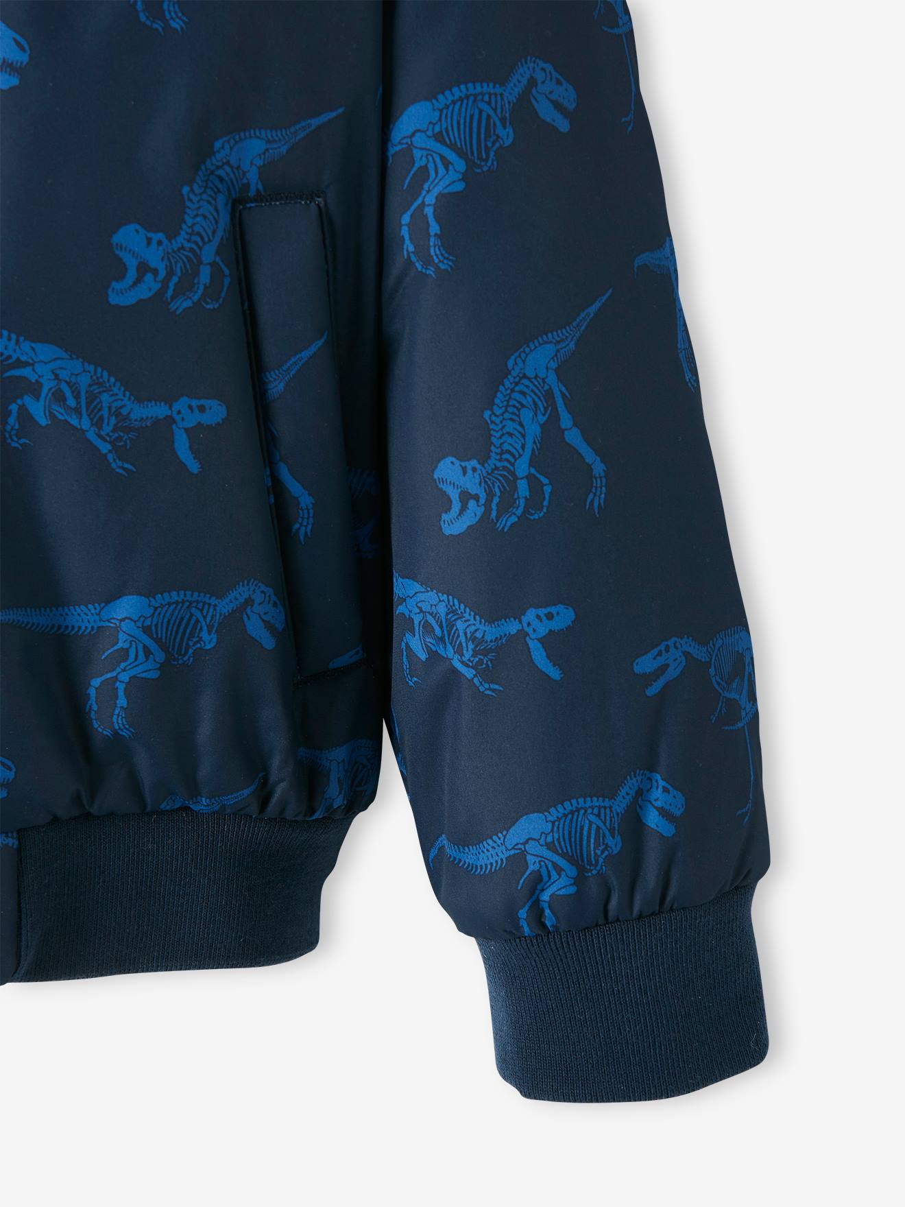 Jaqueta com capuz e forro de lã com estampa de dinossauros, infantil, azul-escura.