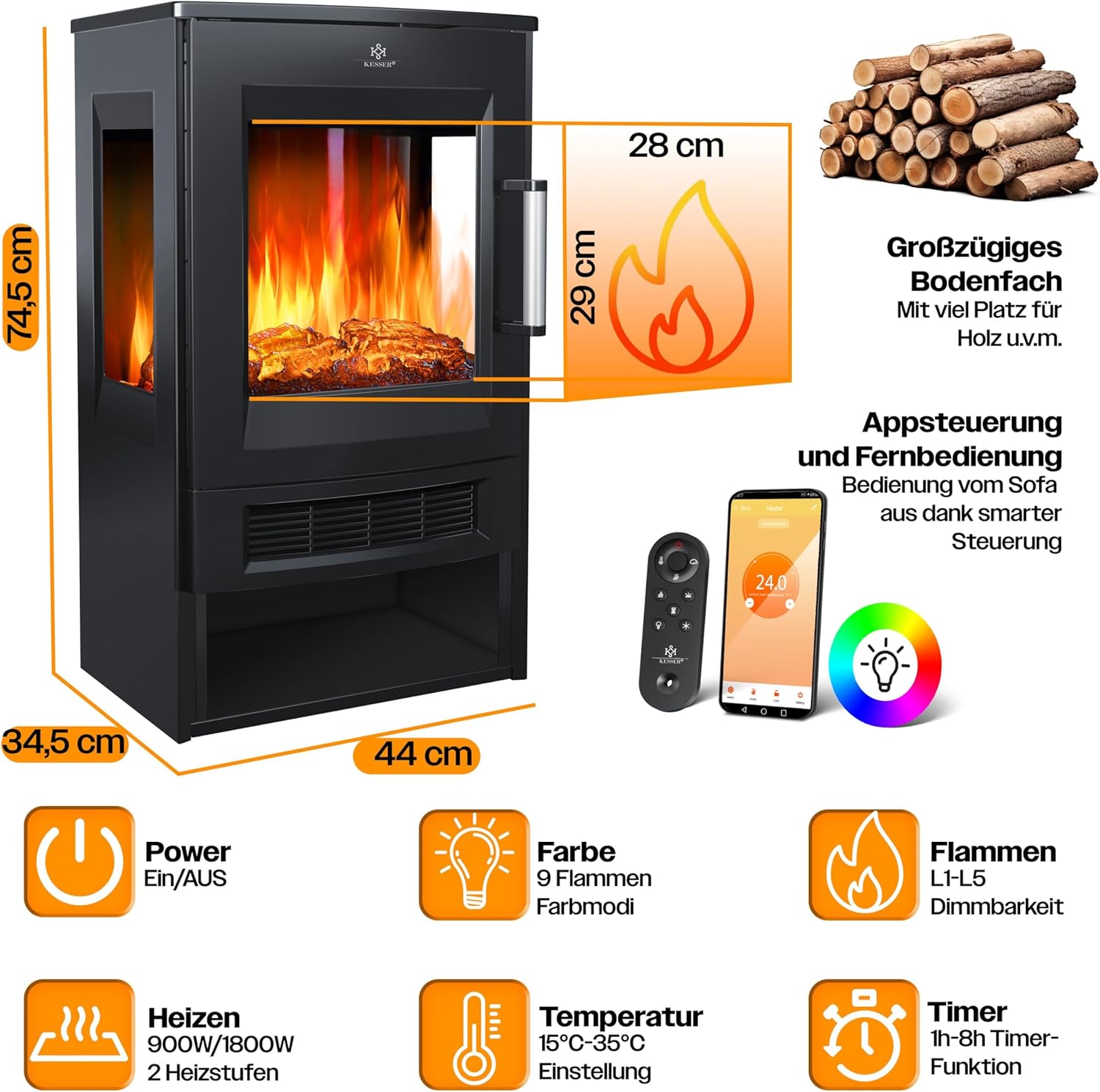 KESSER® Elektrokamin mit Heizung Panorama-Sichtfenster Heizlüfter 9 LED-Flammeneffekt Farbmodi Fernbedienung WiFi App 900/1800W Kaminfeuer elektrisch mit Thermostat Heizfunktion Timer