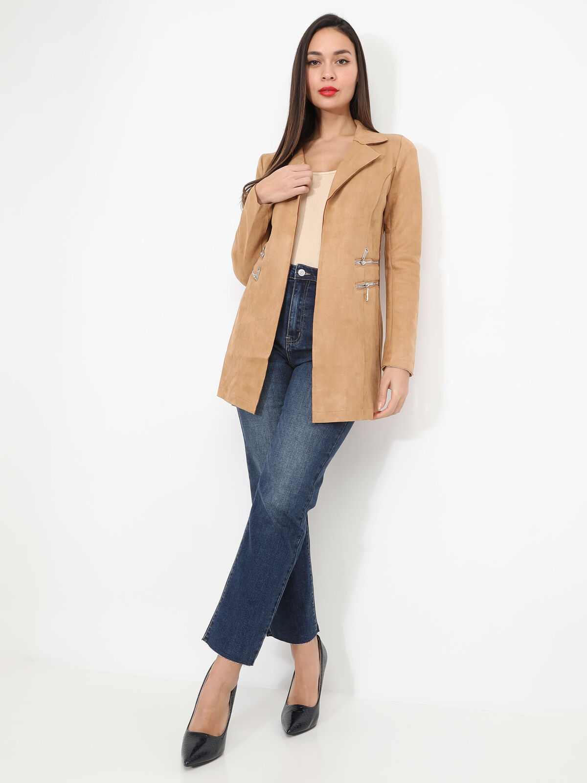 Veste longue en suédine à zips- Camel