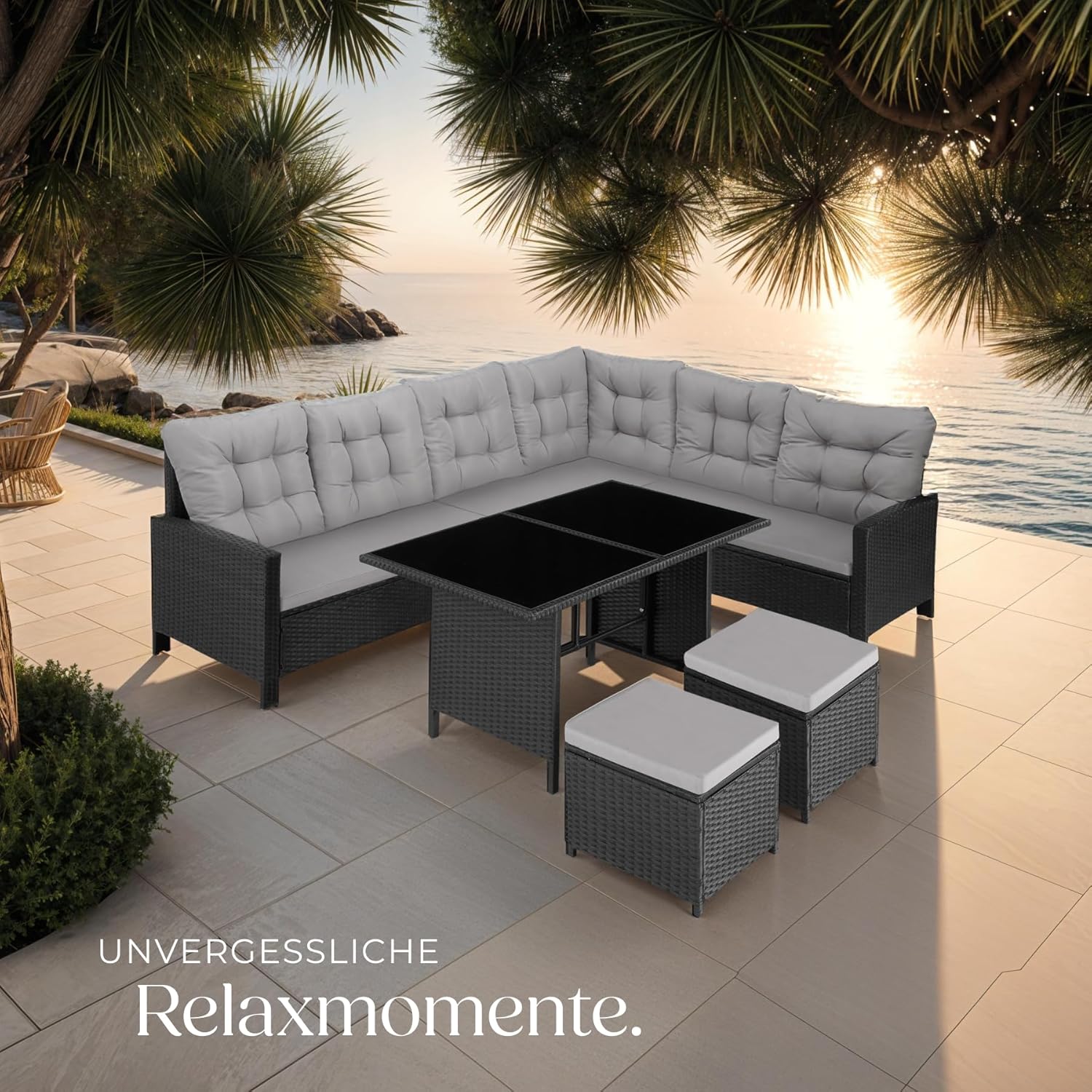 tectake Polyrattan Lounge Set, Gartenmöbel Set mit Sofa, Hocker + Tisch, Balkon Möbel Outdoor, 5-teilige Sitzgruppe, inkl. Sitz- & Rückenkissen, ideal für Garten, Terrasse, Balkon - schwarz