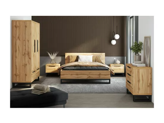 Chambre compléte style industriel collection MILOS : armoire 3 portes, lit 160x200, commode, chevets, chêne brut et noir