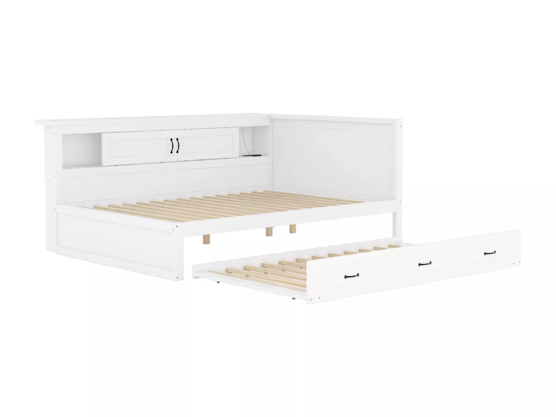 Lit banquette 140x200cm avec LED et prises - avec un lit gigogne 90x190cm - Blanc