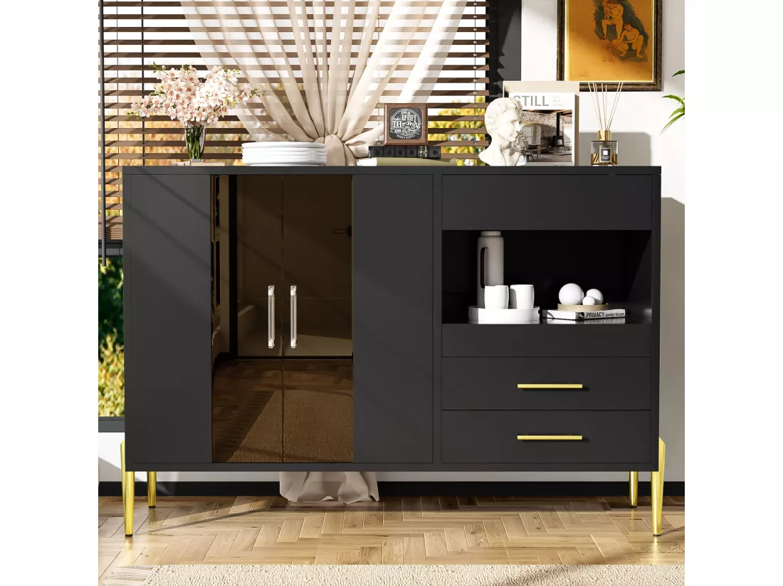 Buffet de cuisine avec 2 portes en verre et 3 tiroirs - 120 x 39.5 x 84 cm - MDF et pièds en métal doré - Noir