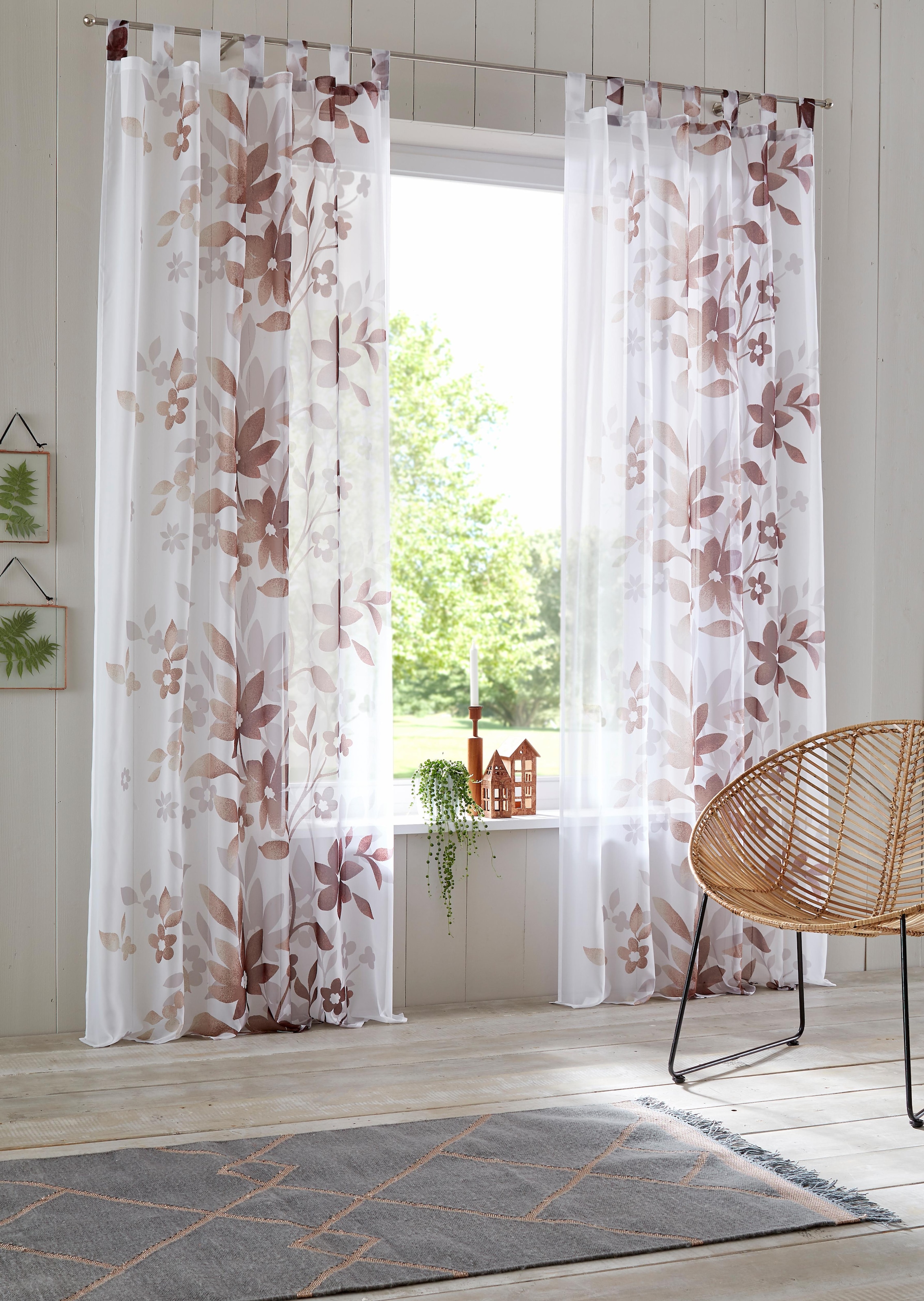 Home affaire Gardine »Ina« Schlaufen 2 Stk. tlg. 2-er Set, einseitig floral bedruckt, Voile, Blumen