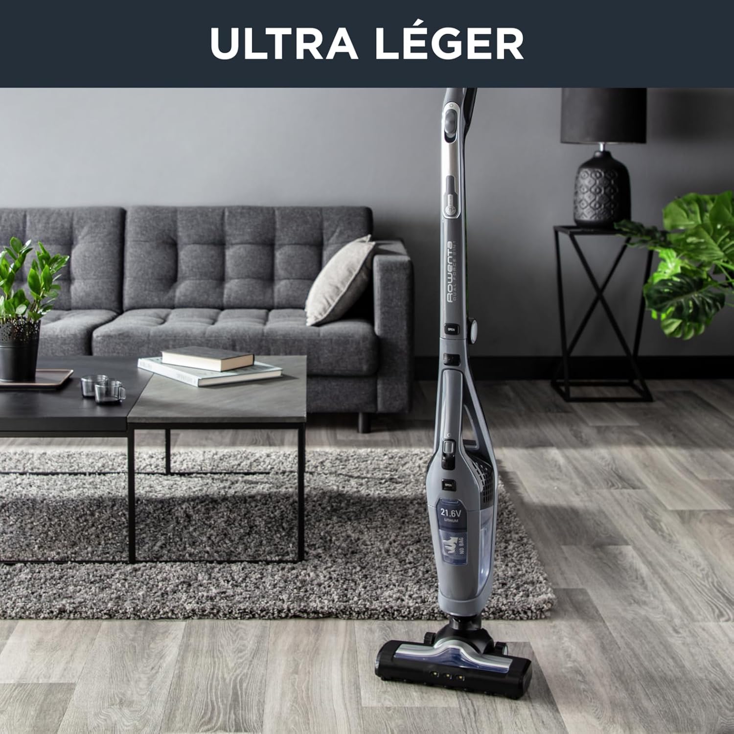 Rowenta RH6756 Dual Force 2-in-1-kabelloser Akku-Stabstaubsauger | mit integriertem Handstaubsauger | Saugkopf mit LED Beleuchtung | sehr leicht | 45 Minuten Akku-Laufzeit | Grau