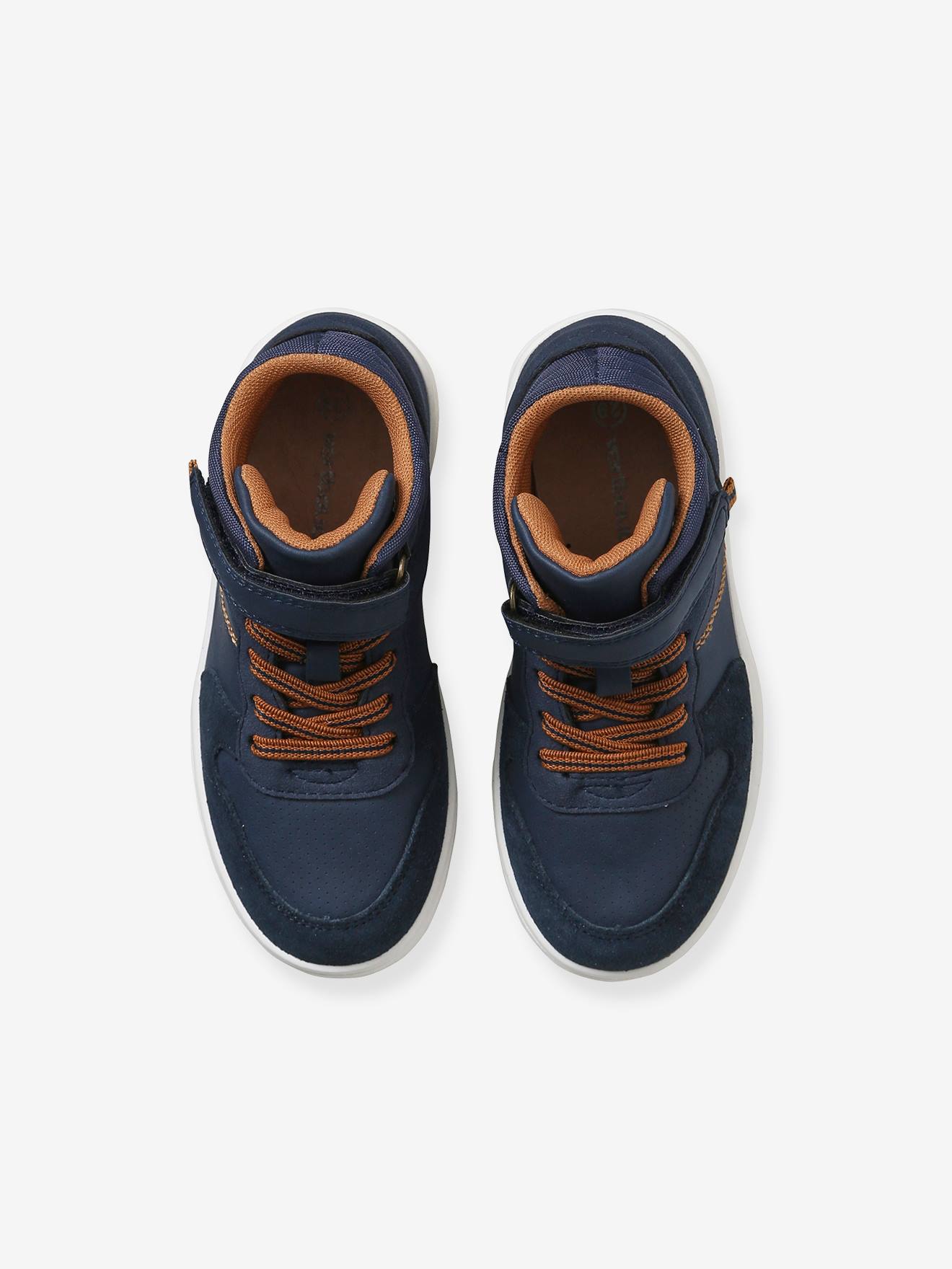 Tênis de cano alto com cadarços e fecho de velcro, azul escuro liso para meninos