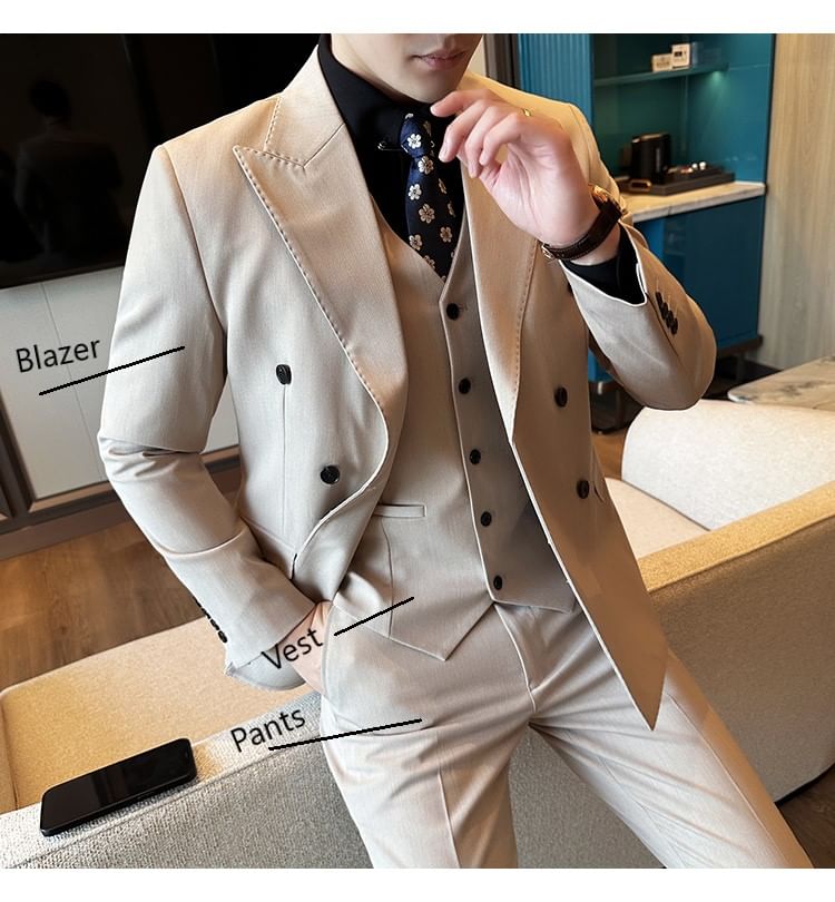 Blueforce - Set: Effen dubbelrijs blazer + vest + pantalon