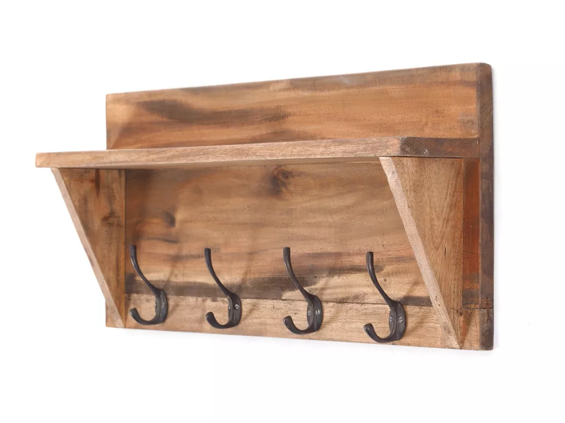 PORTE-MANTEAU MURAL VINTAGE Bois de recyclage, avec étagère, 8 crochets 01 natur-vintage