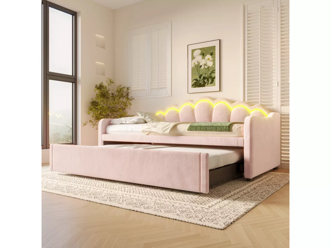 Canapé-lit 90x200/180x200 cm - avec lit gigogne - avec bande lumineuse LED - velours - rose (matelas non inclus)